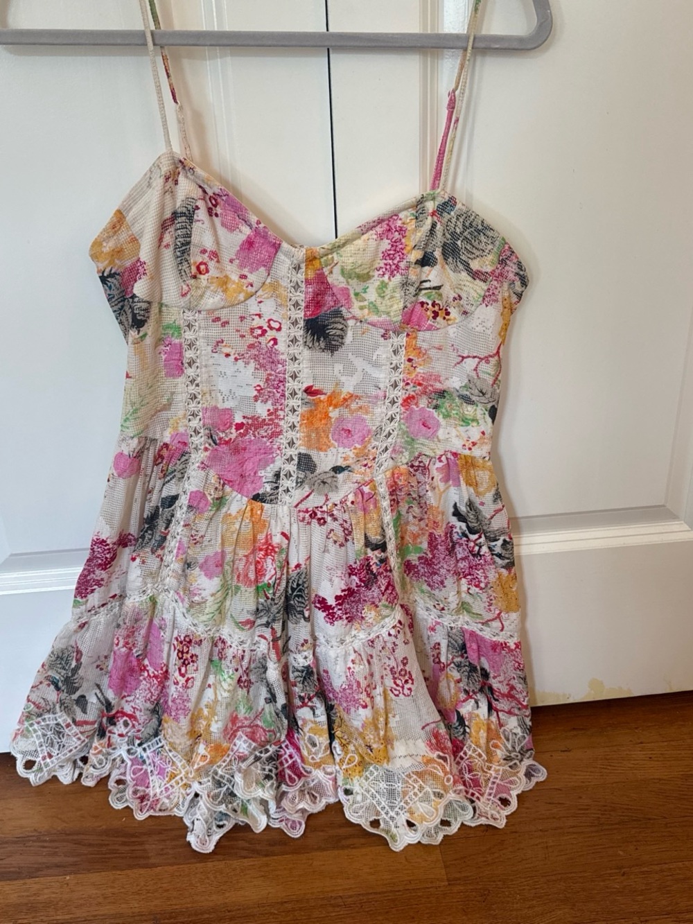 HEMANT & NANDITA White Floral Mini Dress with Pink & Yellow Accents